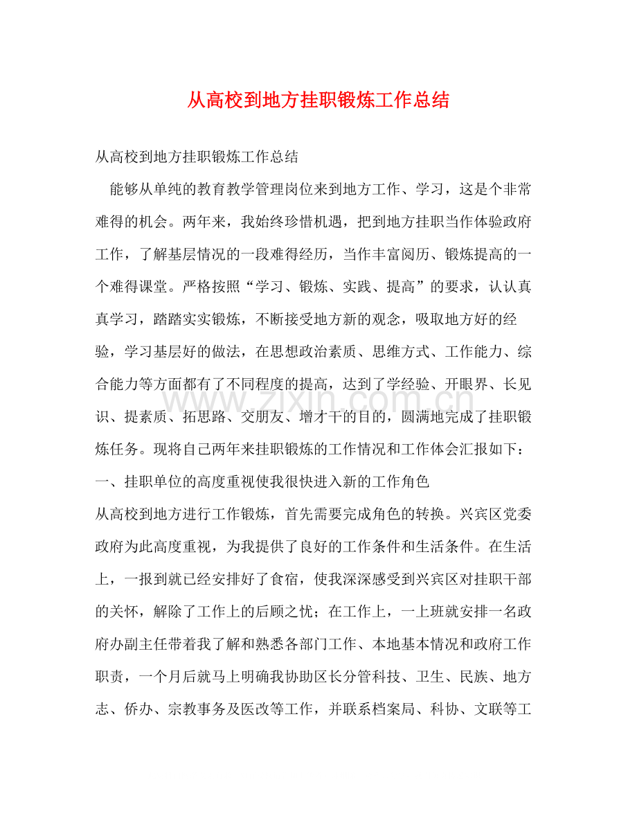 从高校到地方挂职锻炼工作总结.docx_第1页