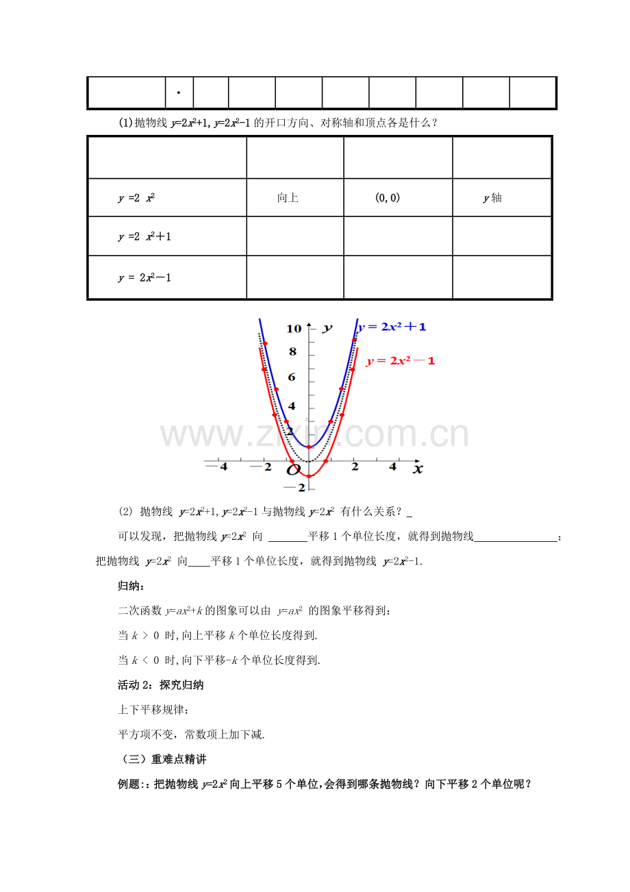 九年级数学上册 22.1.3 二次函数ya(x-h)2k的图象和性质（1）教案 （新版）新人教版-（新版）新人教版初中九年级上册数学教案.doc_第2页