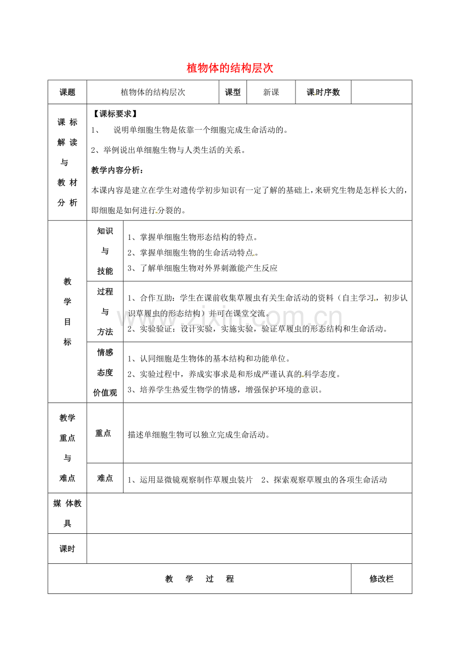 七年级生物上册 2.2.3 植物体的结构层次教案 新人教版-新人教版初中七年级上册生物教案.doc_第1页