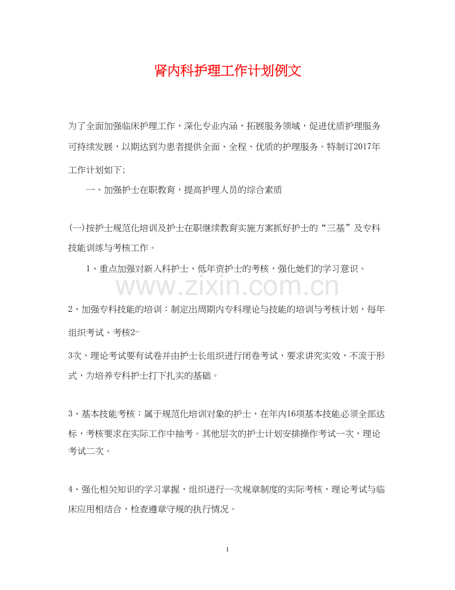 肾内科护理工作计划例文.docx_第1页