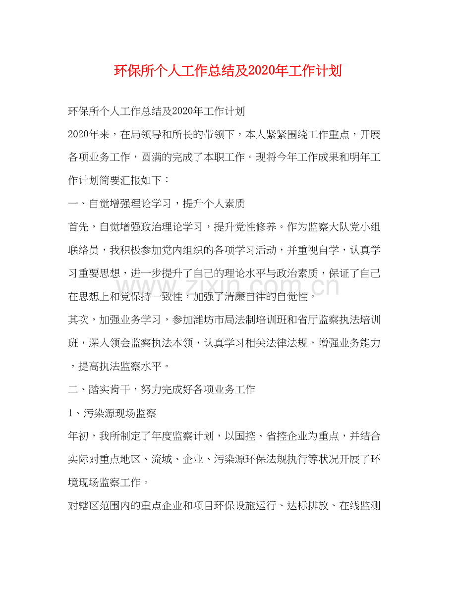 环保所个人工作总结及年工作计划.docx_第1页