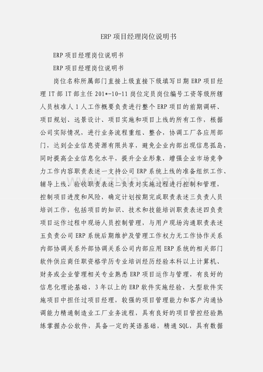 ERP项目经理岗位说明书.docx_第1页
