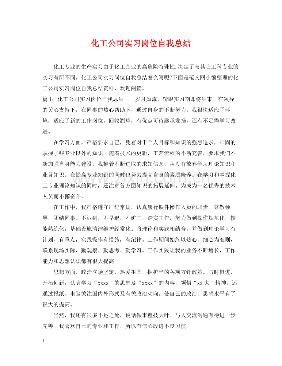 化工公司实习岗位自我总结.docx_第1页