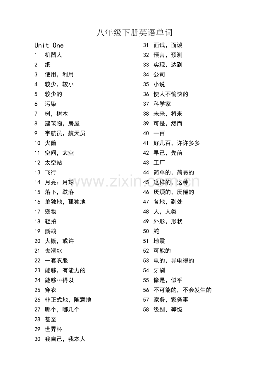 八年级下册英语单词(汉译英).doc_第1页