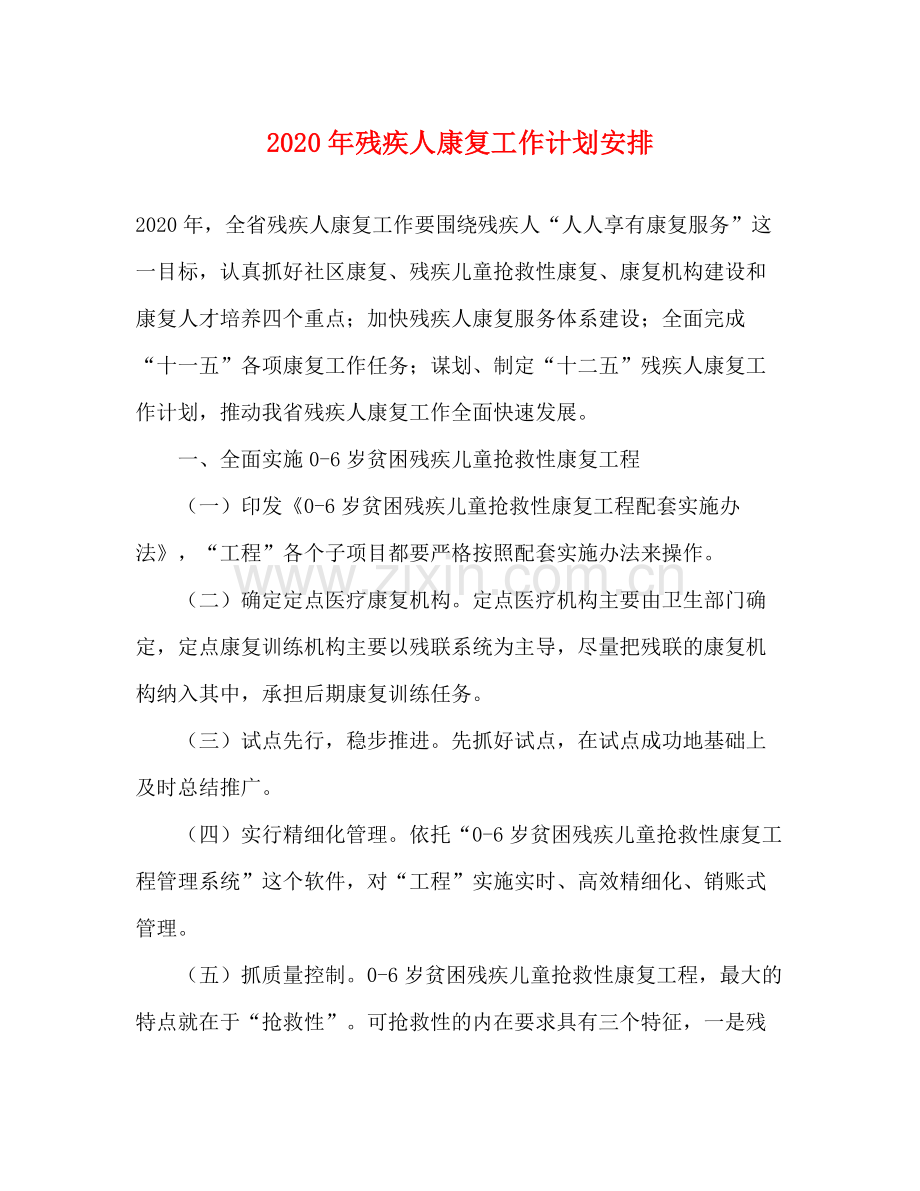 2020年残疾人康复工作计划安排.docx_第1页
