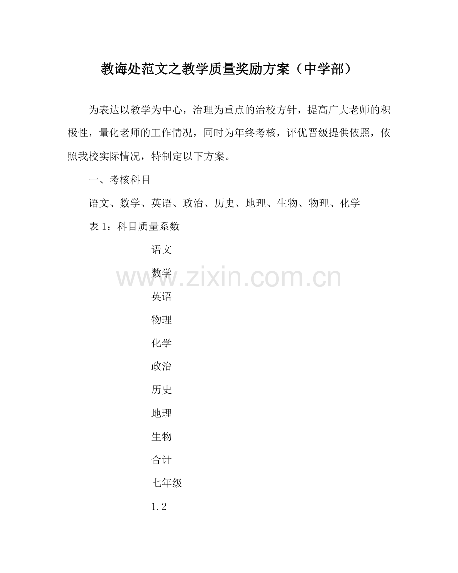 教导处范文教学质量奖励方案（中学部）.doc_第1页
