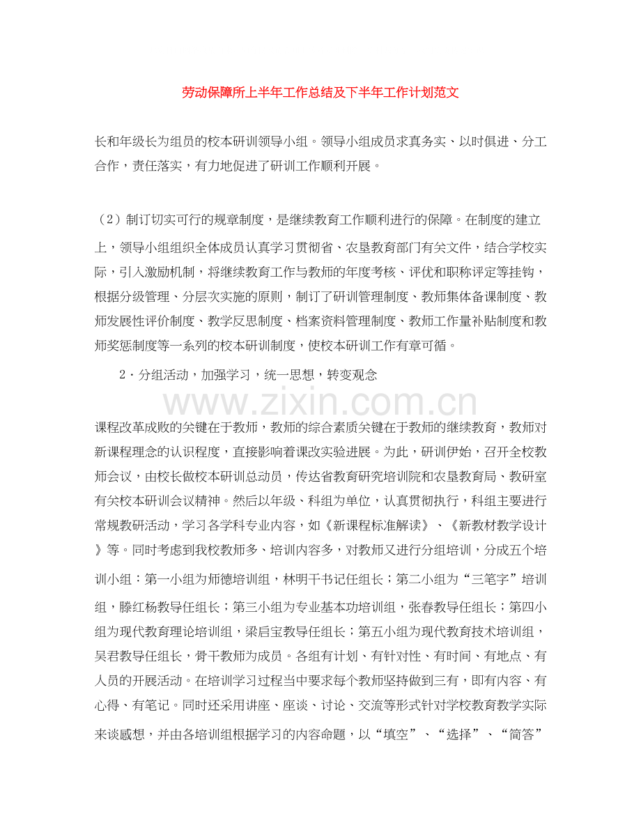 劳动保障所上半年工作总结及下半年工作计划范文.docx_第1页