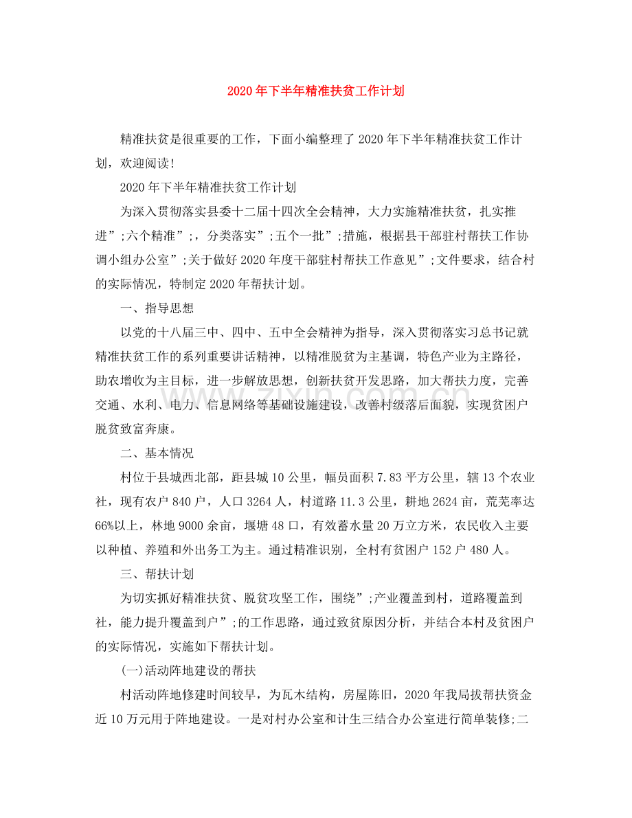 2020年下半年精准扶贫工作计划.docx_第1页