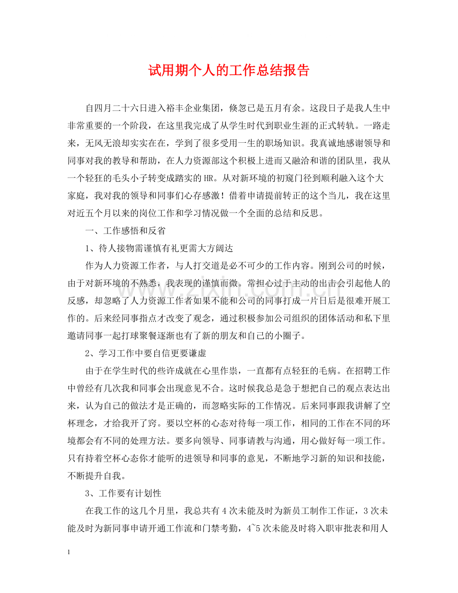 试用期个人的工作总结报告.docx_第1页