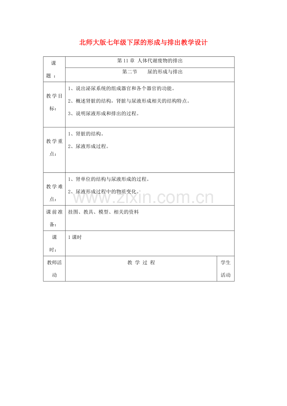 七年级生物下册尿的形成与排出教学设计北师大版.doc_第1页