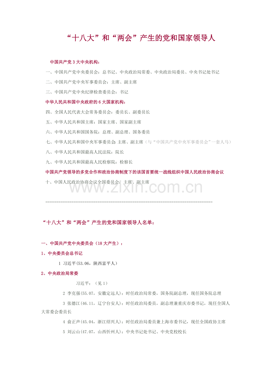 “十八大”及“两会”产生党及国家领导人.doc_第1页