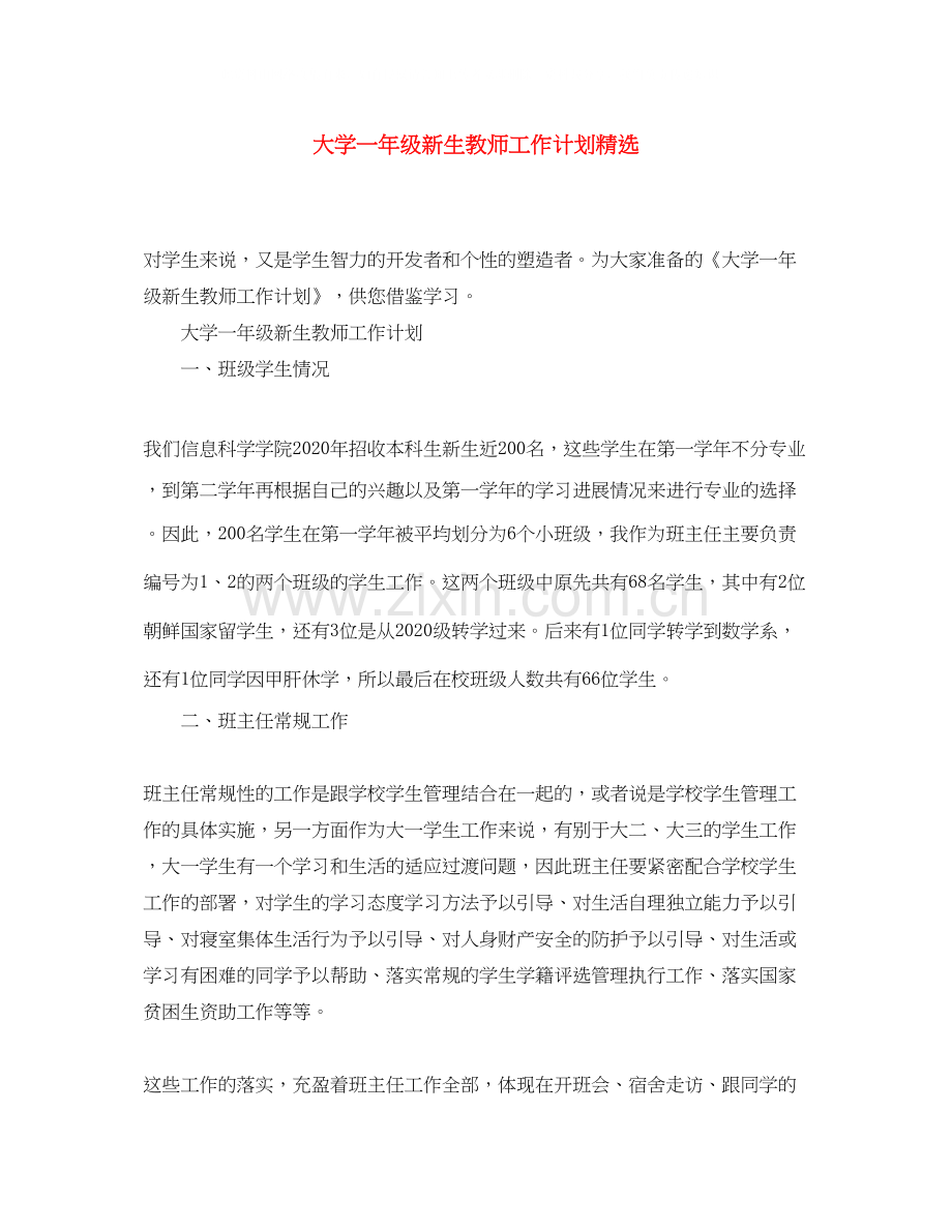 大学一年级新生教师工作计划.docx_第1页