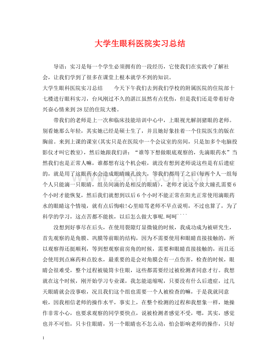 大学生眼科医院实习总结.docx_第1页