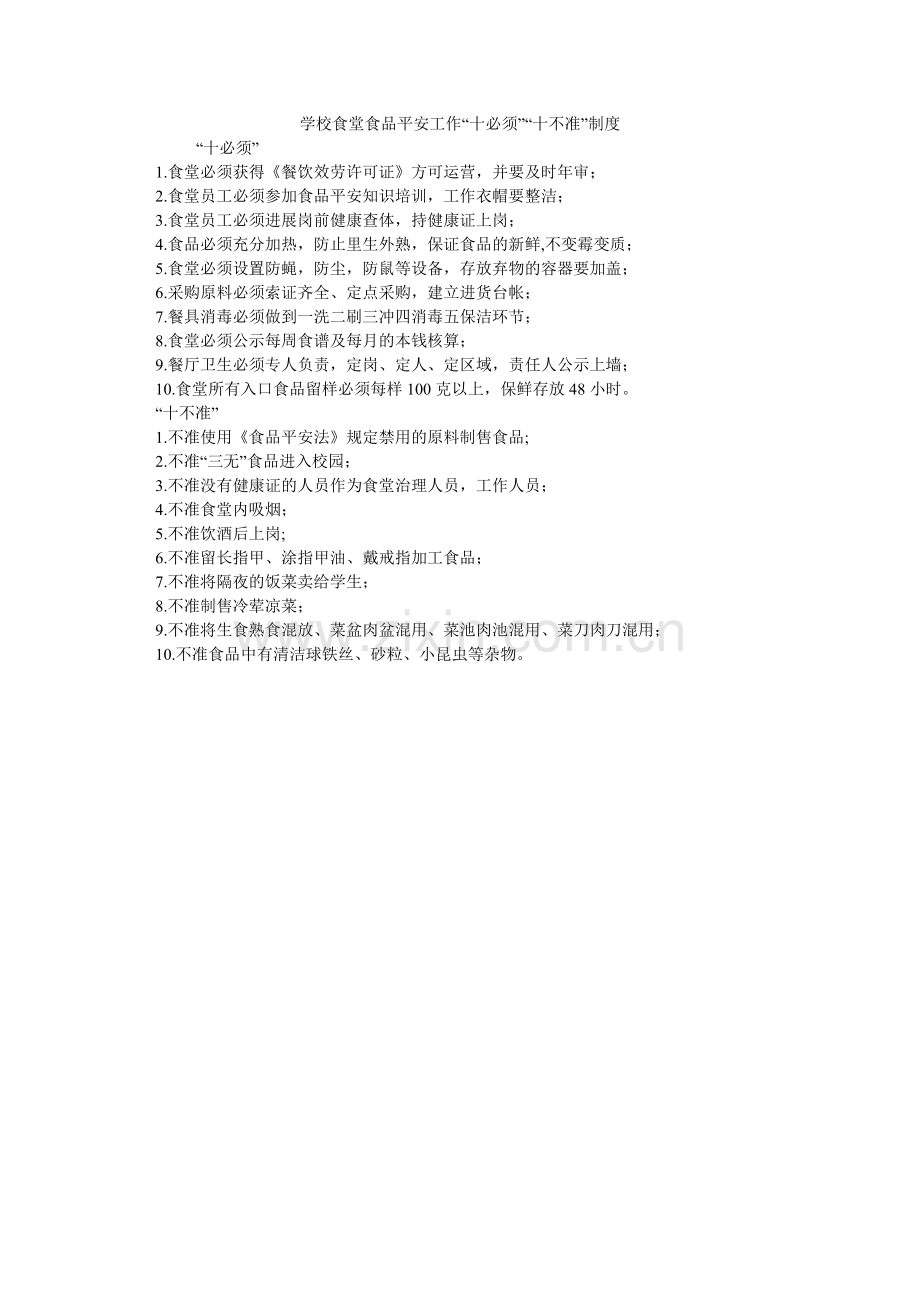 学校食堂食品安全工作“十必须”“十不准”制度.doc_第1页