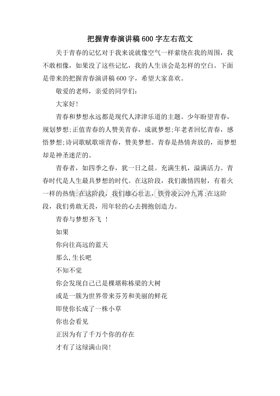 把握青春演讲稿600字左右范文.doc_第1页