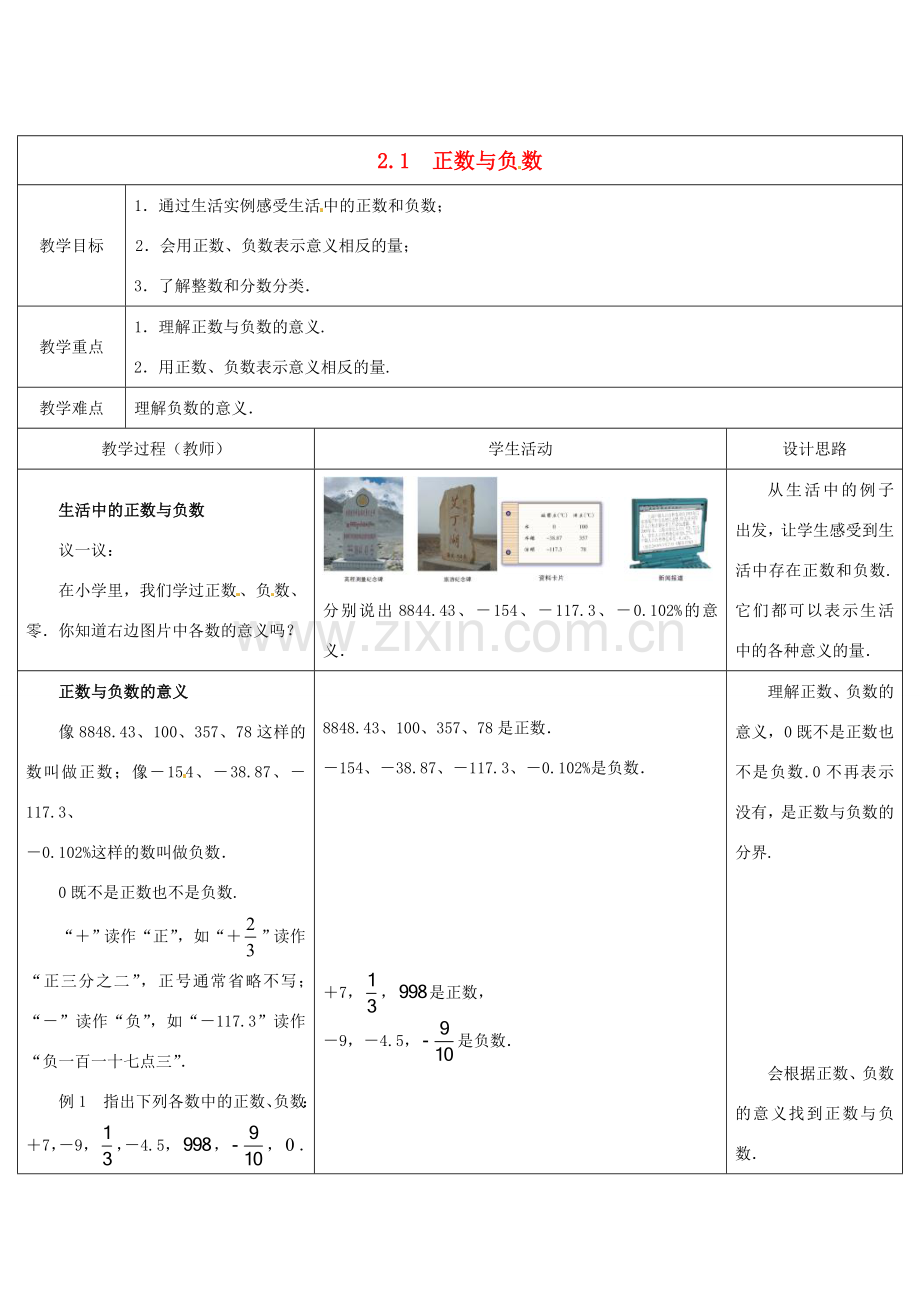江苏省盱眙县黄花塘中学七年级数学上册《2.1正数与负数》教案 人教新课标版.doc_第1页