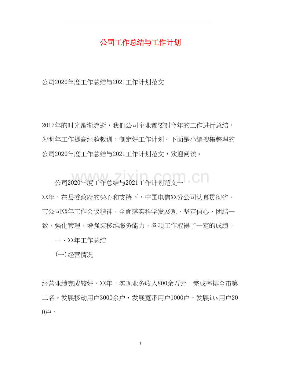 公司工作总结与工作计划.docx_第1页