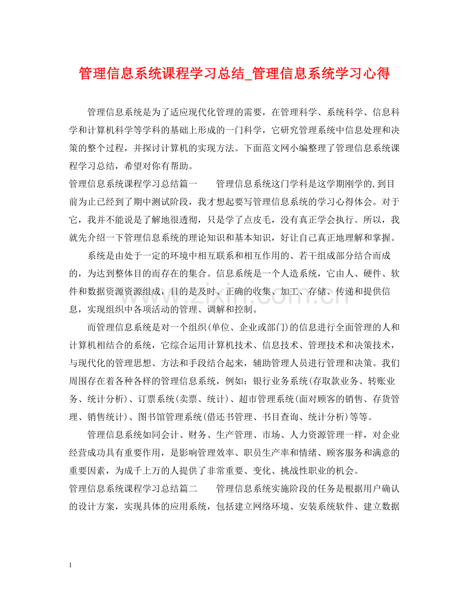 管理信息系统课程学习总结_管理信息系统学习心得.docx_第1页