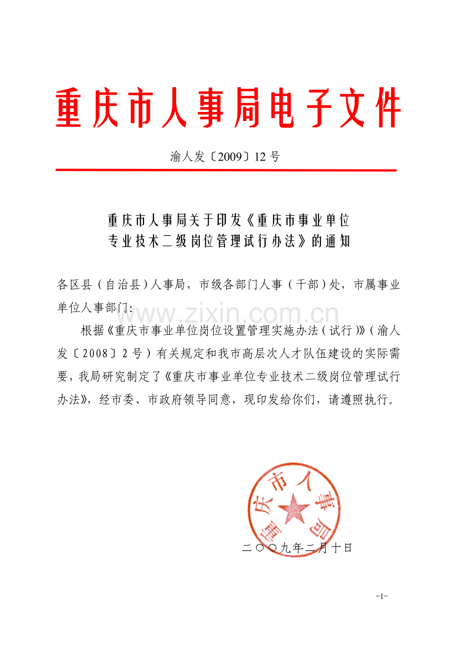 重庆市事业单位专业技术二级岗位管理试行办法.doc_第1页