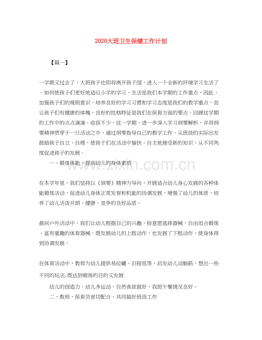 大班卫生保健工作计划.docx_第1页