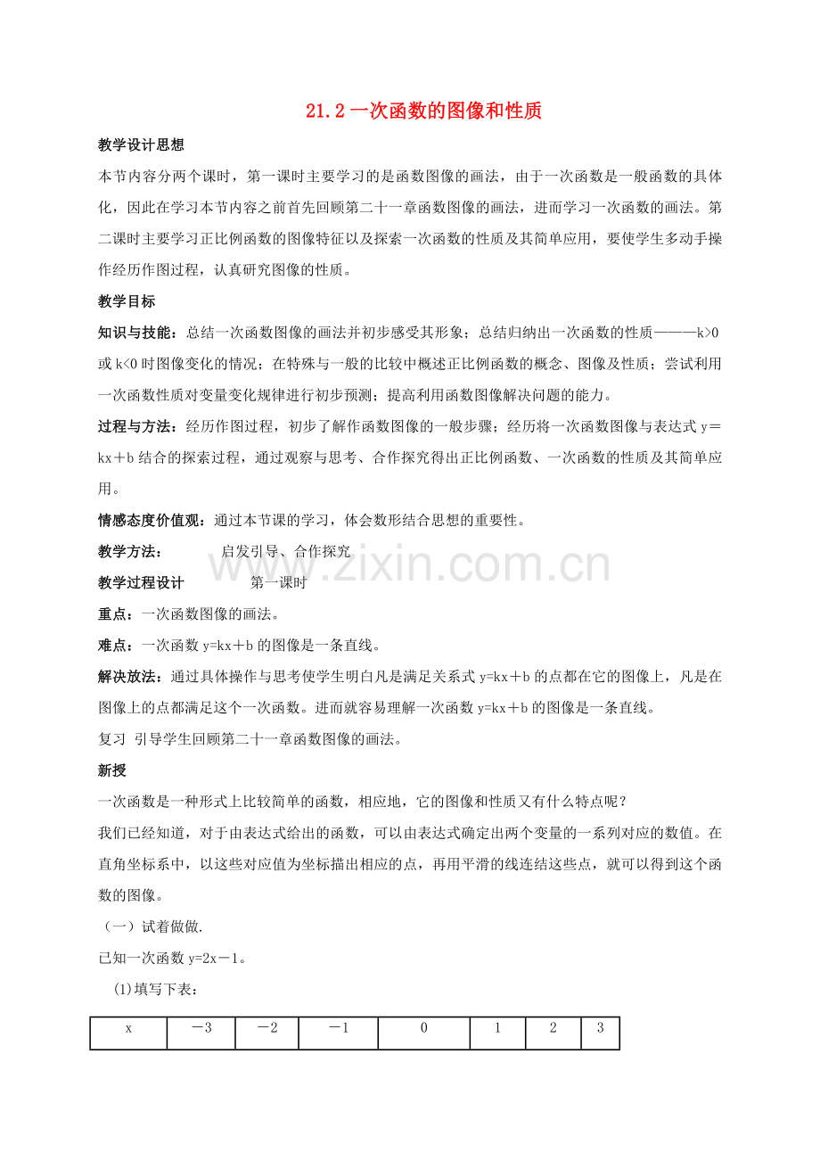 八年级数学下册 第二十一章 一次函数 21.2 一次函数的图像和性质教案 （新版）冀教版-（新版）冀教版初中八年级下册数学教案.doc_第1页
