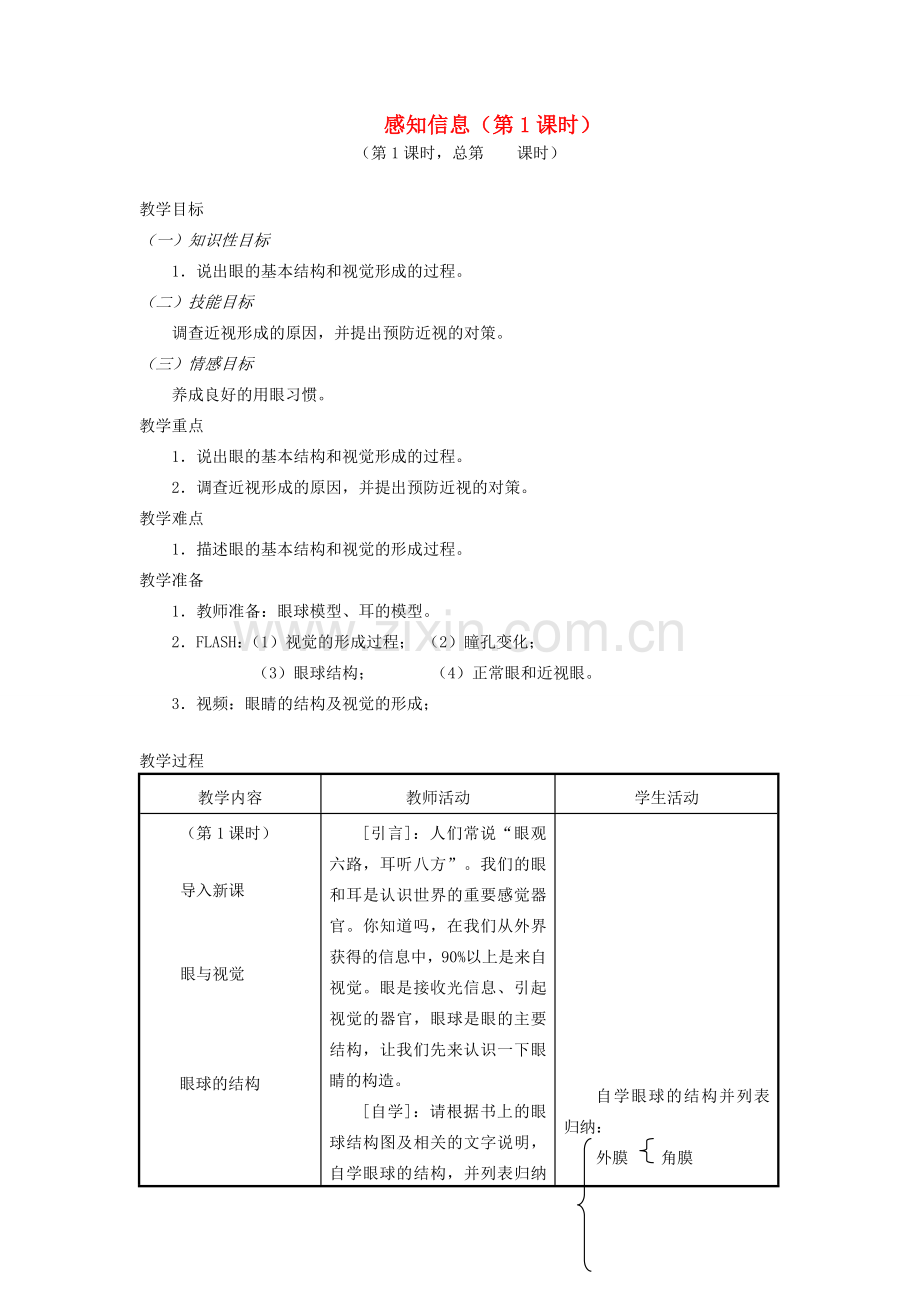 七年级生物下册 12.3人体感知信息（第1课时）教案 （新版）苏教版-（新版）苏教版初中七年级下册生物教案.doc_第1页