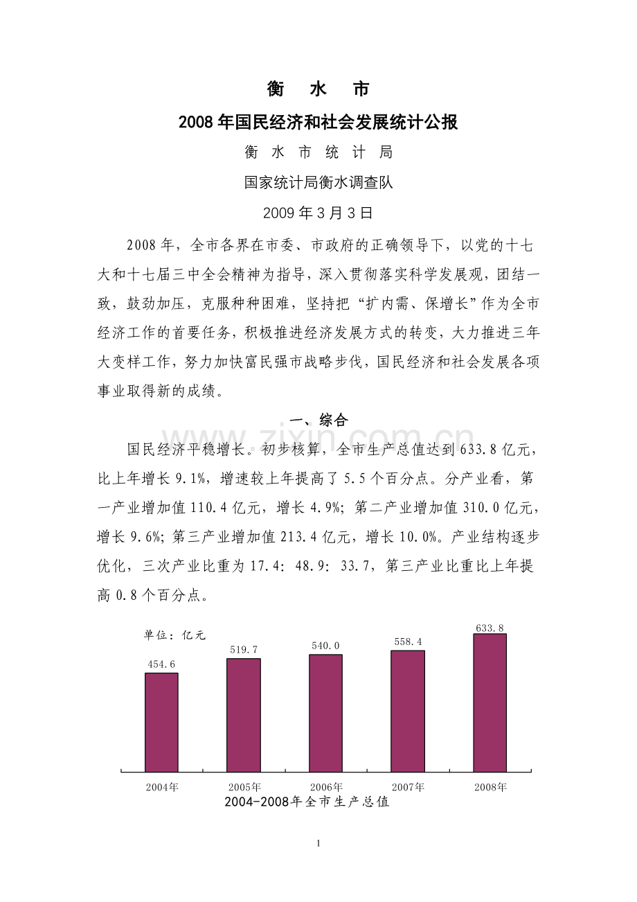 2008年衡水市国民经济及社会发展统计公报.doc_第1页
