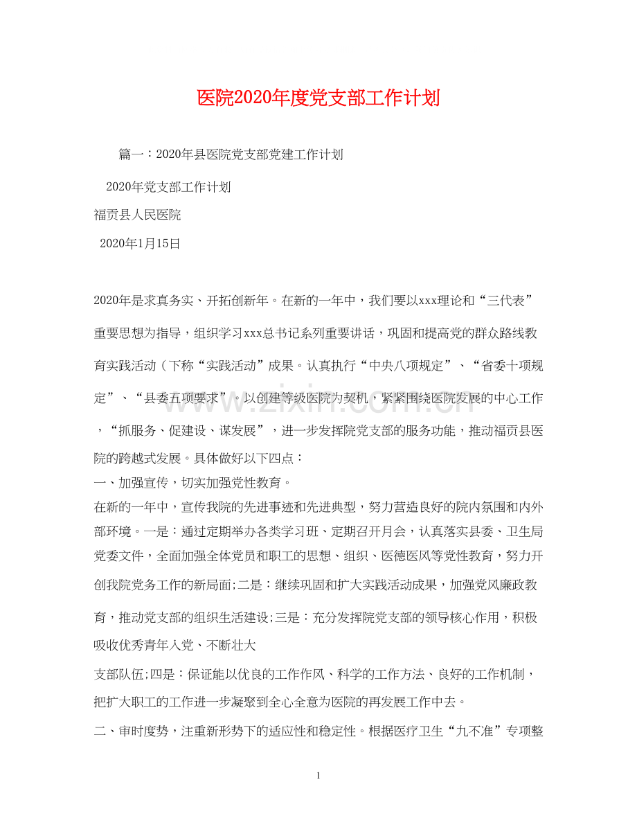 医院年度党支部工作计划2).docx_第1页