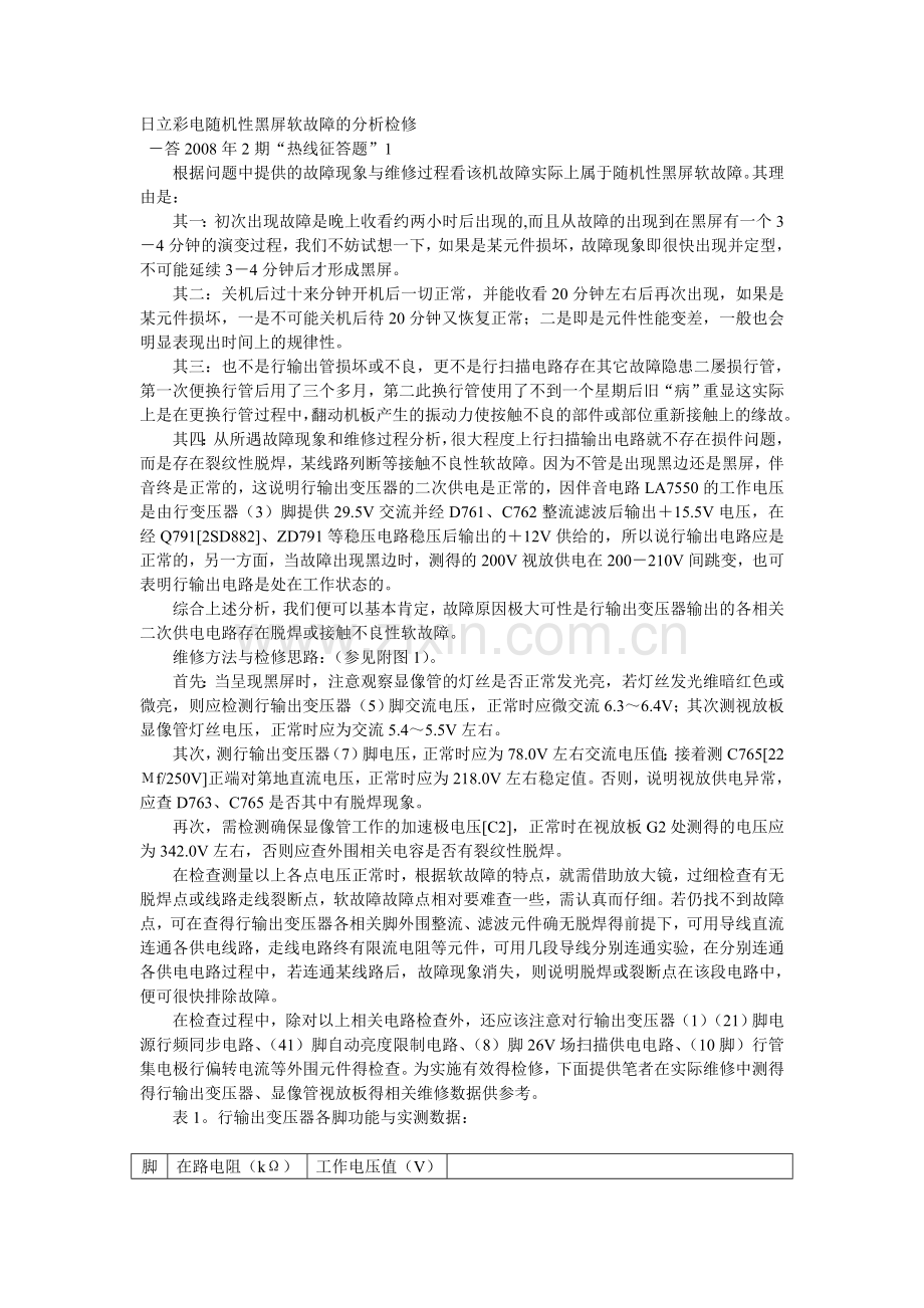 日立彩电随机性黑屏软故障的分析检修.doc_第1页