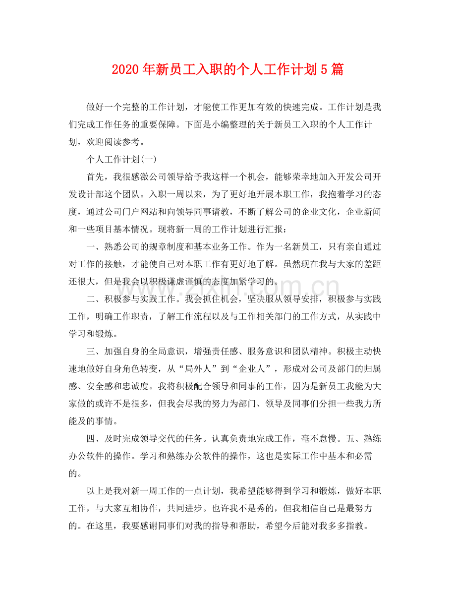 2020年新员工入职的个人工作计划5篇.docx_第1页