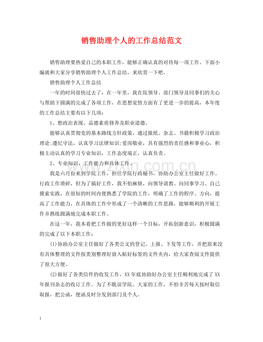 销售助理个人的工作总结范文.docx_第1页