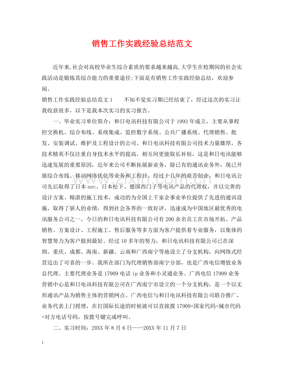 销售工作实践经验总结范文.docx_第1页