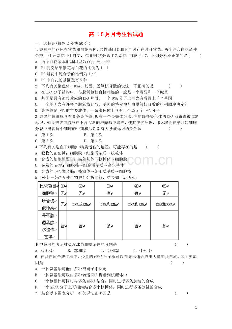 江西省赣县中学北校区2012-2013学年高二生物5月月考试题新人教版.doc_第1页