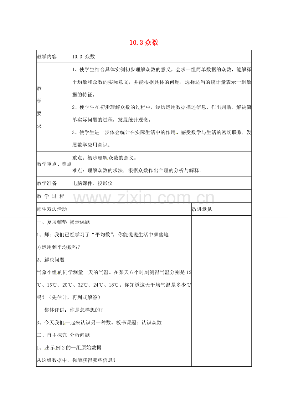 七年级数学下册 10.3众数教案 鲁教版.doc_第1页