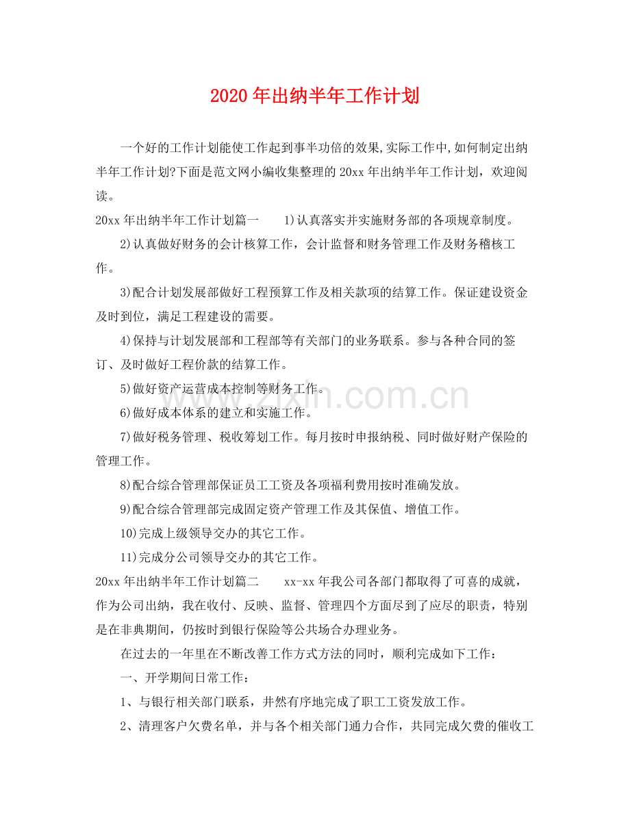 2020年出纳半年工作计划.docx_第1页