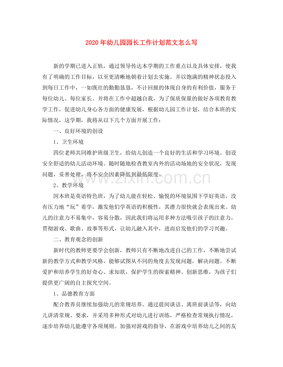 2020年幼儿园园长工作计划范文怎么写.docx_第1页
