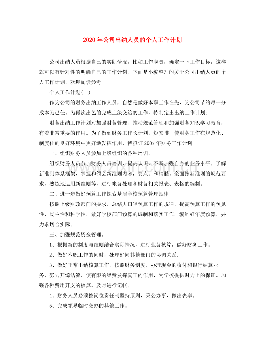 2020年公司出纳人员的个人工作计划.docx_第1页
