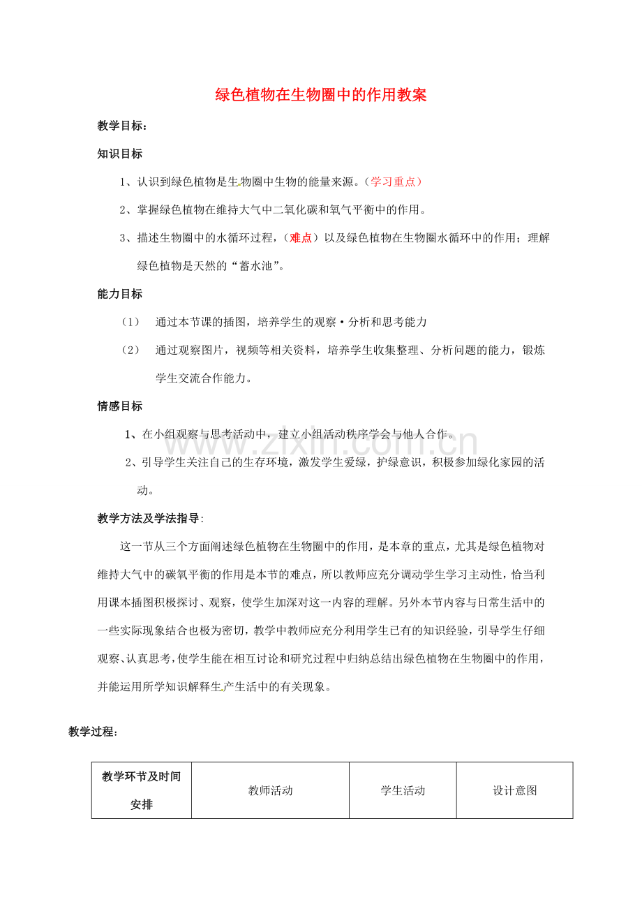 七年级生物上册 第二单元 第一章 第五节 绿色植物在生物圈中的作用教案 （新版）济南版-（新版）济南版初中七年级上册生物教案.doc_第1页