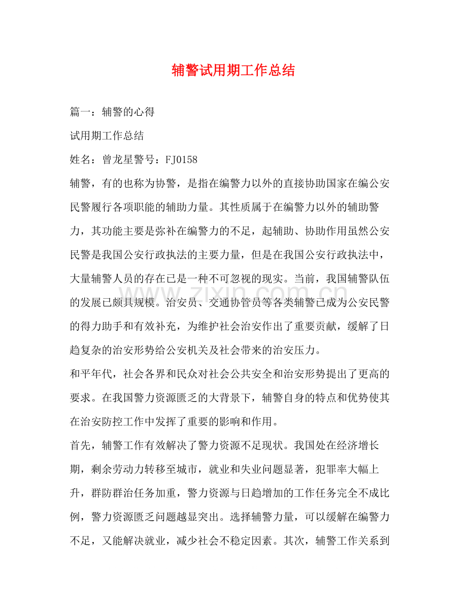 辅警试用期工作总结.docx_第1页