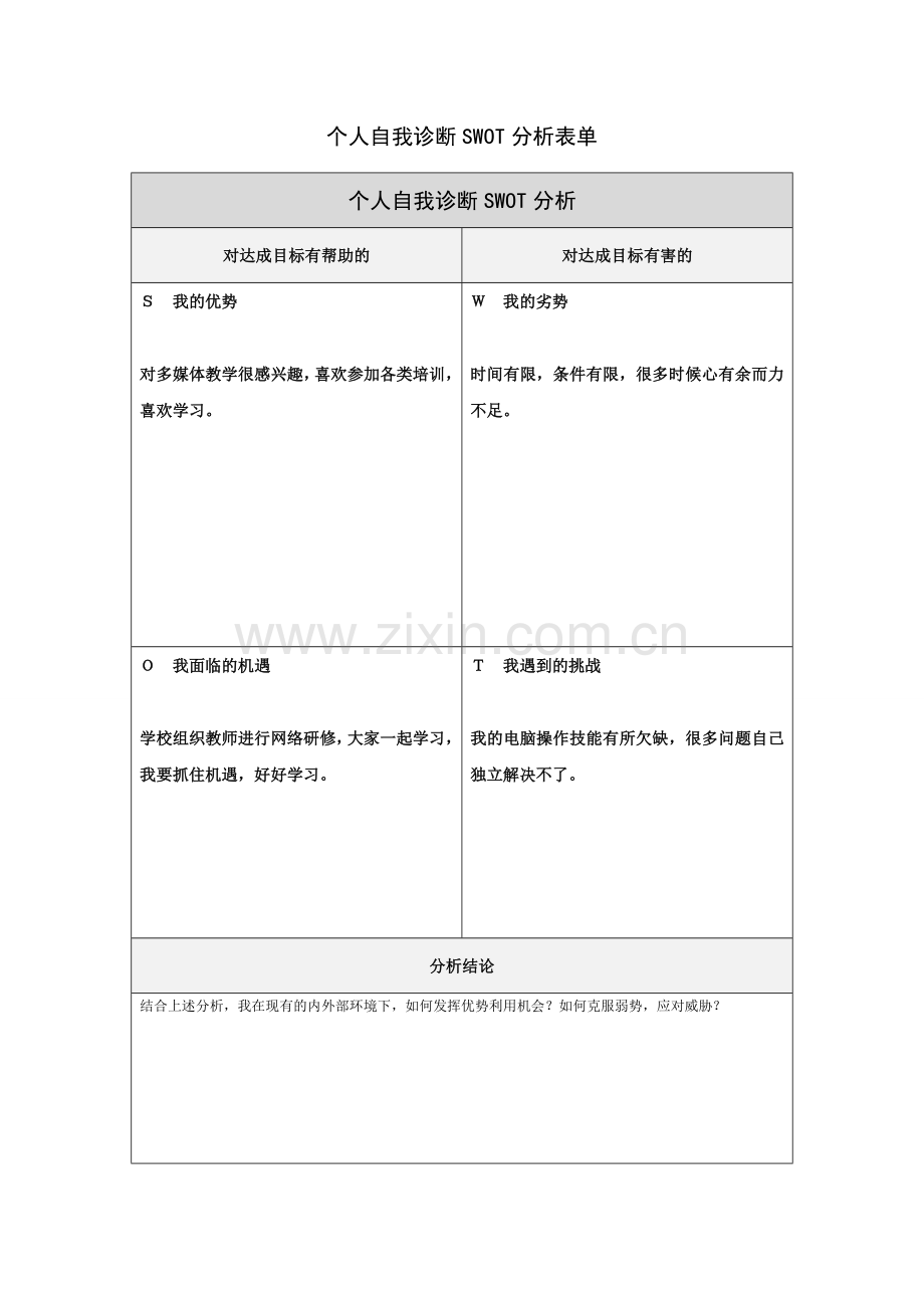 个人自我诊断SWOT分析表12.doc_第1页