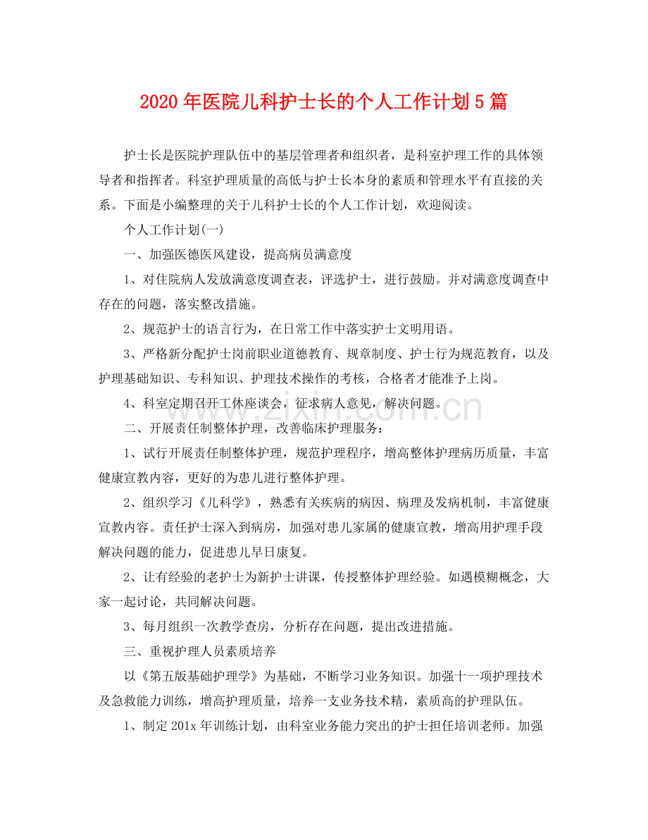 2020年医院儿科护士长的个人工作计划5篇.docx_第1页
