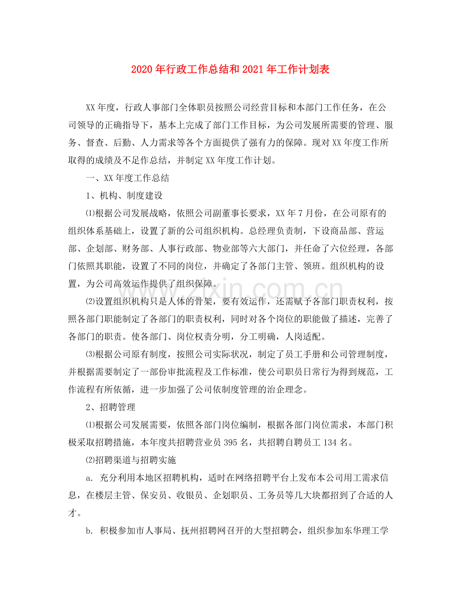 2020年行政工作总结和年工作计划表.docx_第1页