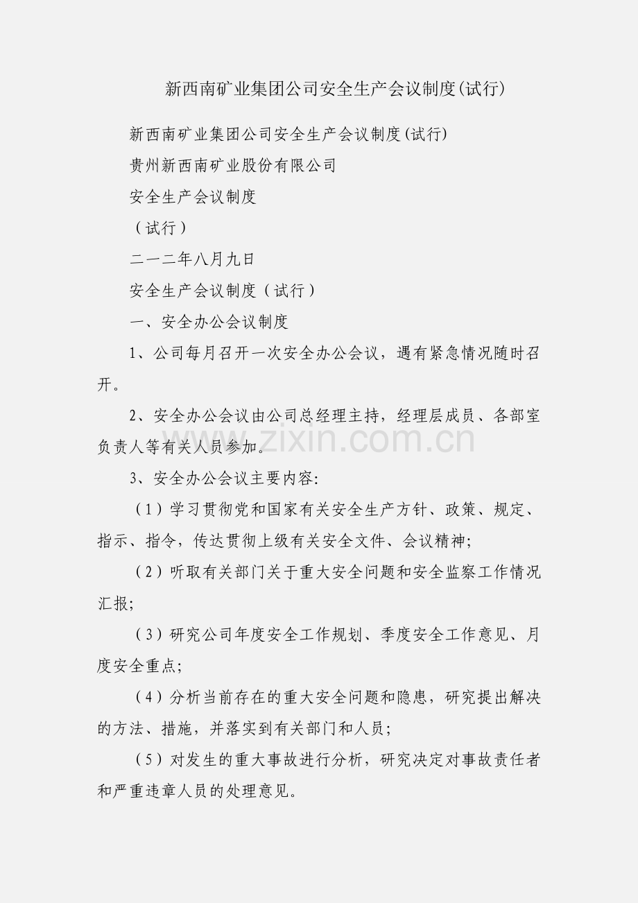 新西南矿业集团公司安全生产会议制度(试行).docx_第1页