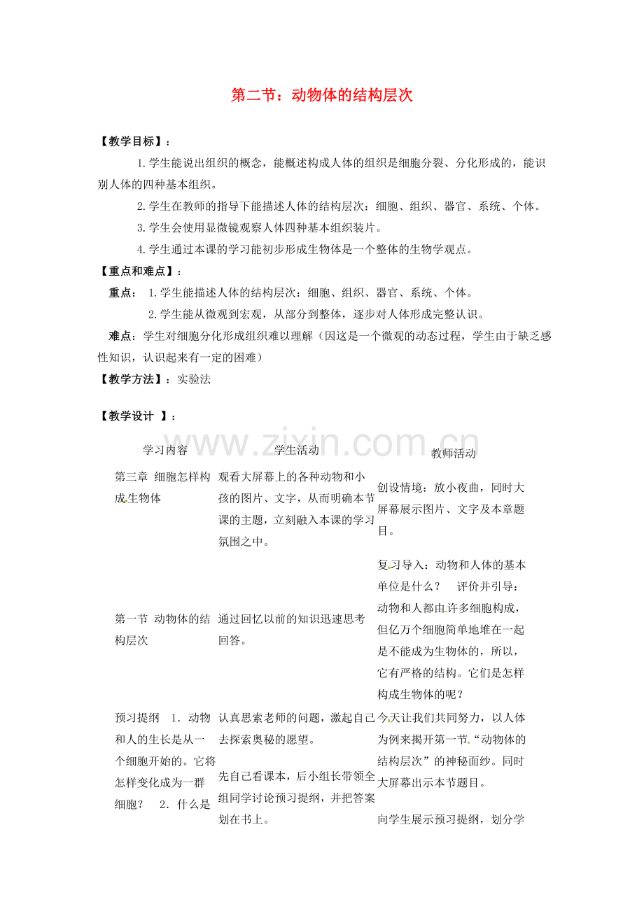 七年级生物上册 第二单元 第二章 第二节 动物体的结构层次教案 （新版）新人教版-（新版）新人教版初中七年级上册生物教案.doc_第1页