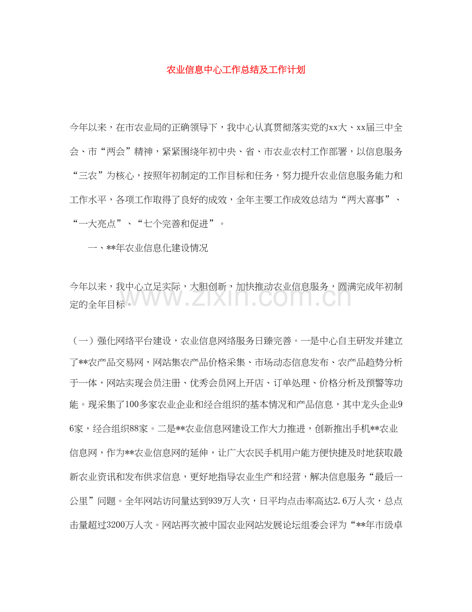 农业信息中心工作总结及工作计划.docx_第1页
