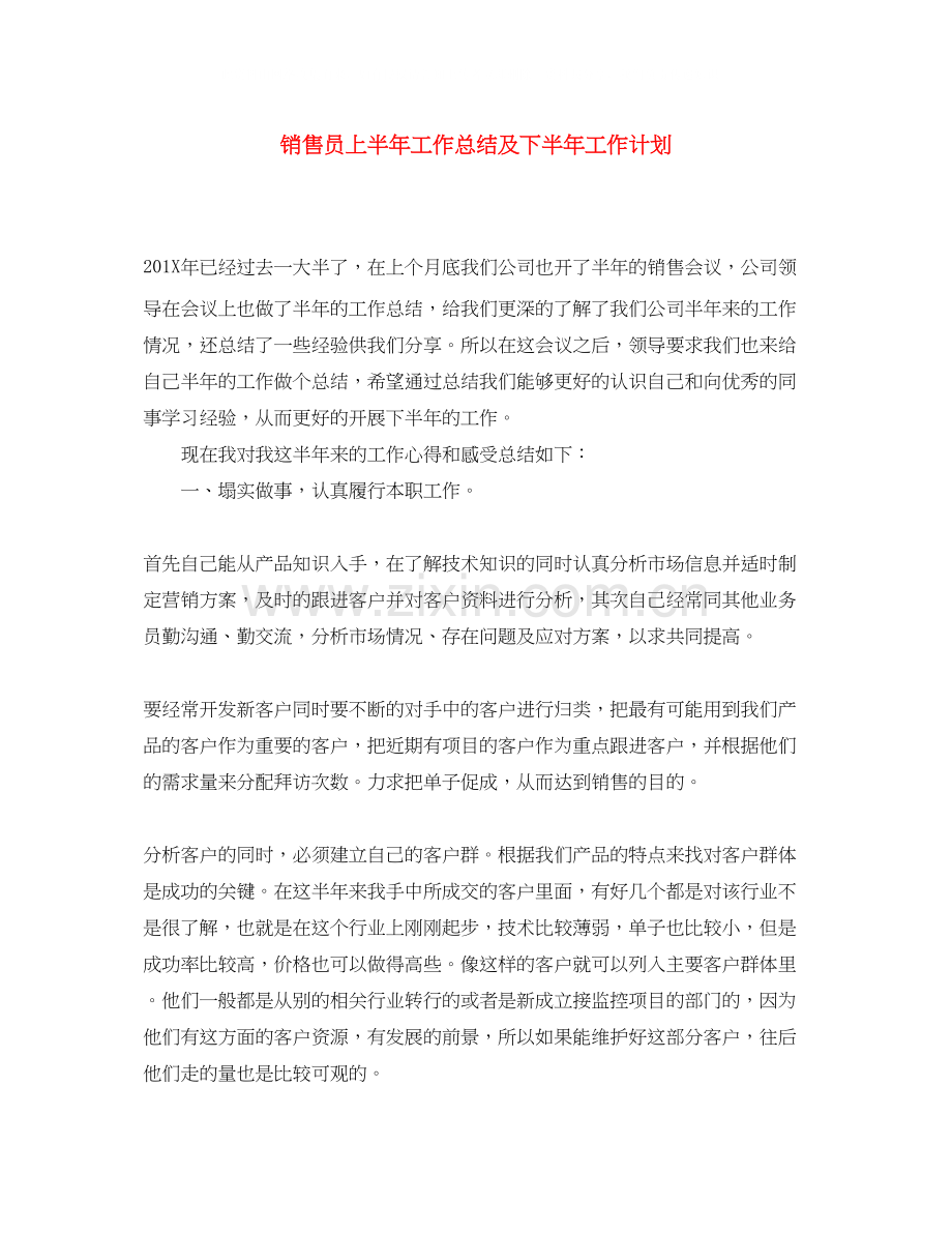 销售员上半年工作总结及下半年工作计划3.docx_第1页
