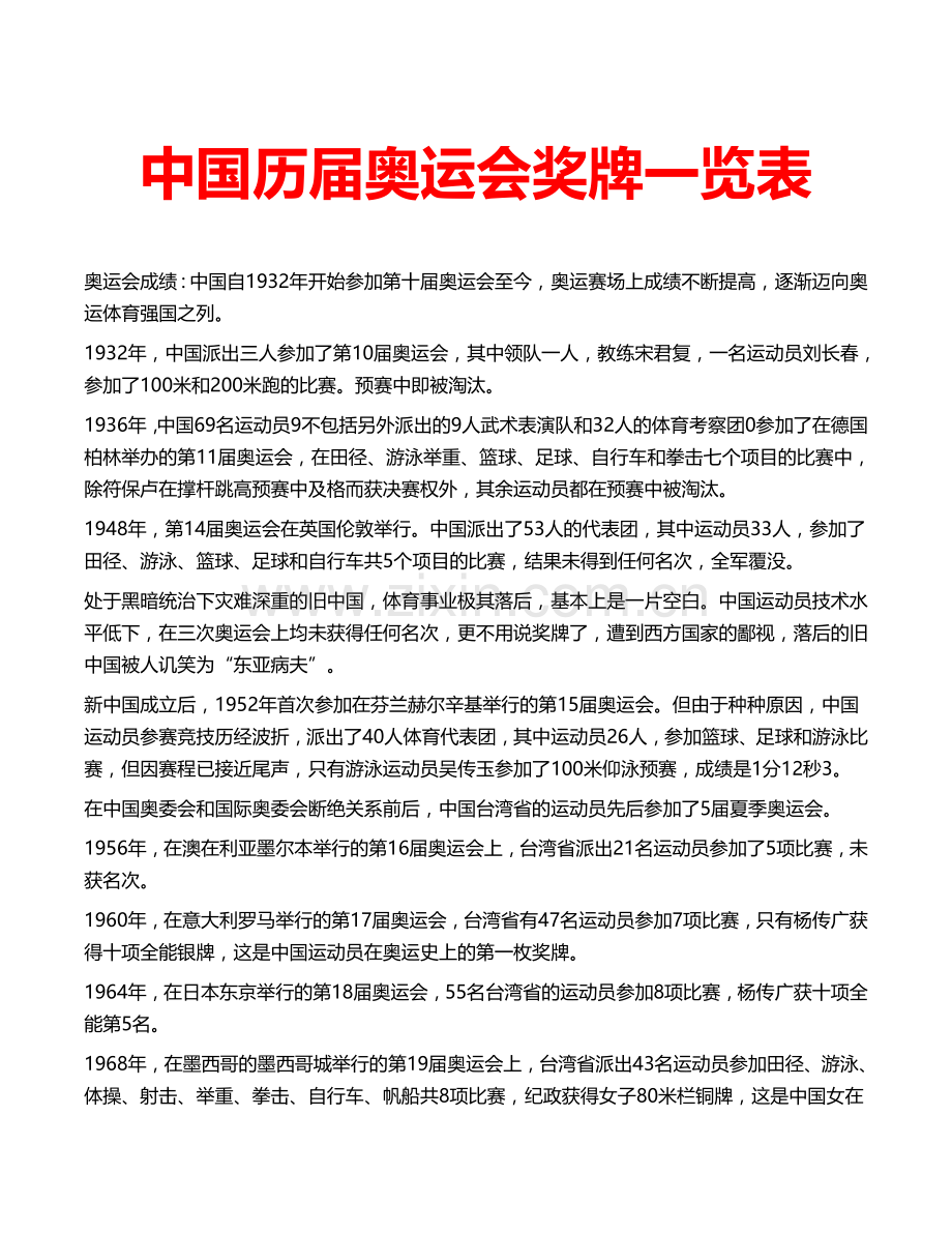 中国历届奥运会奖牌一览表 奥运 奖牌 历史 中国.doc_第1页