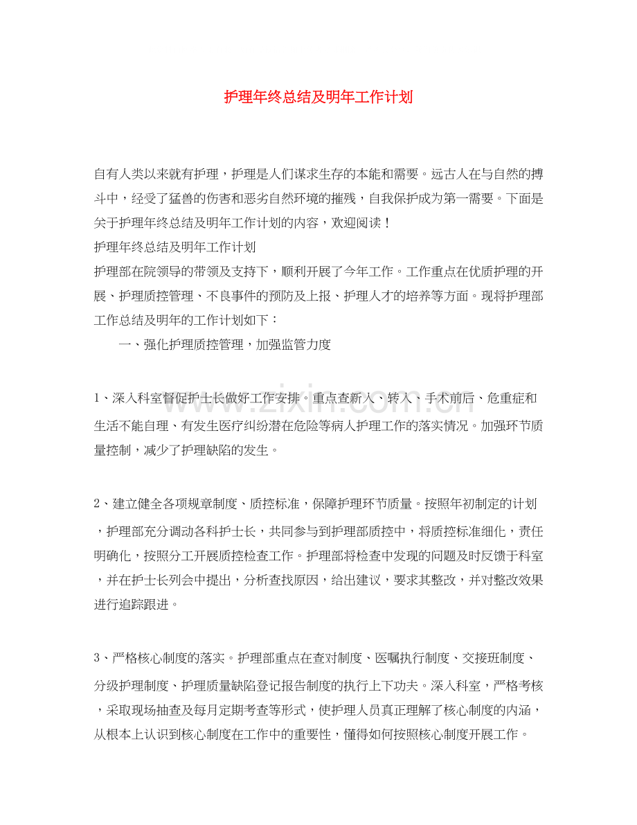 护理年终总结及明年工作计划.docx_第1页