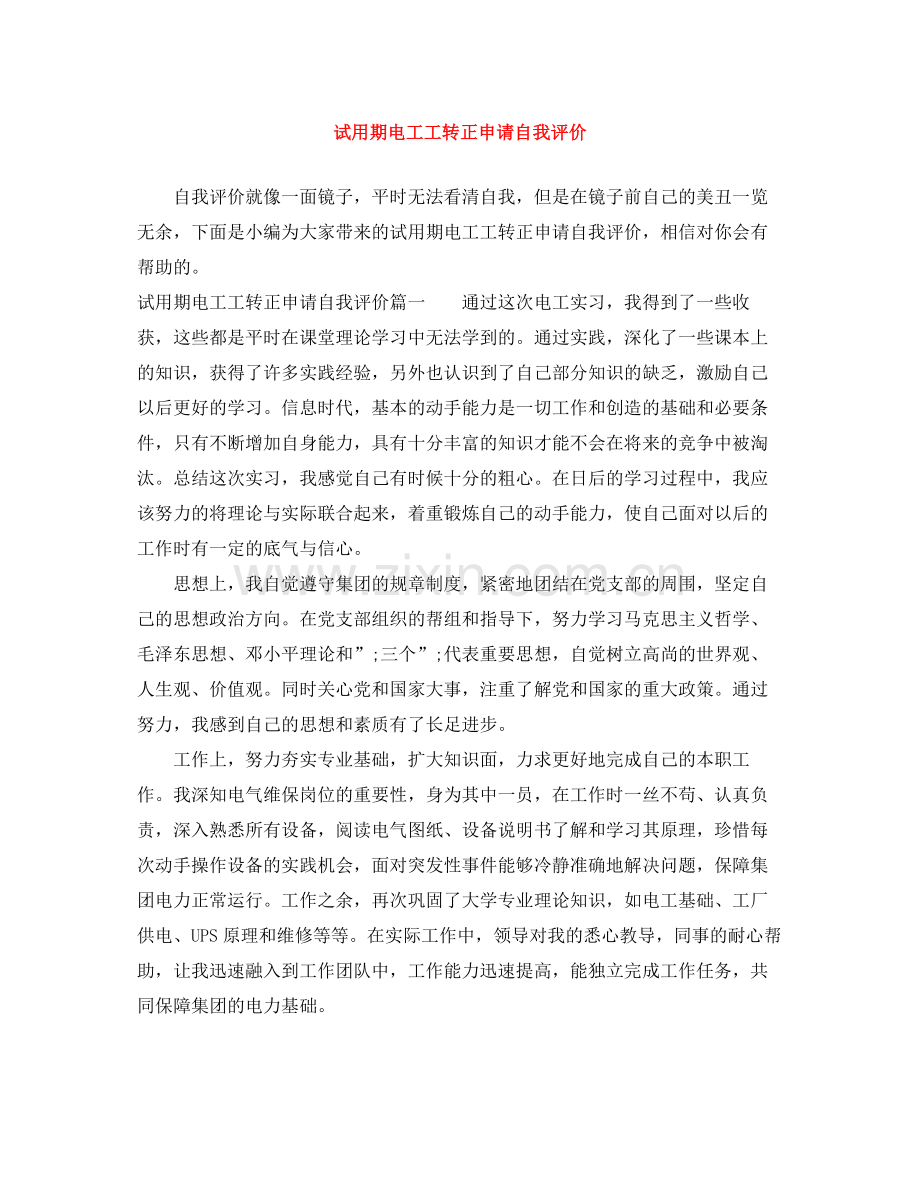 试用期电工工转正申请自我评价.docx_第1页