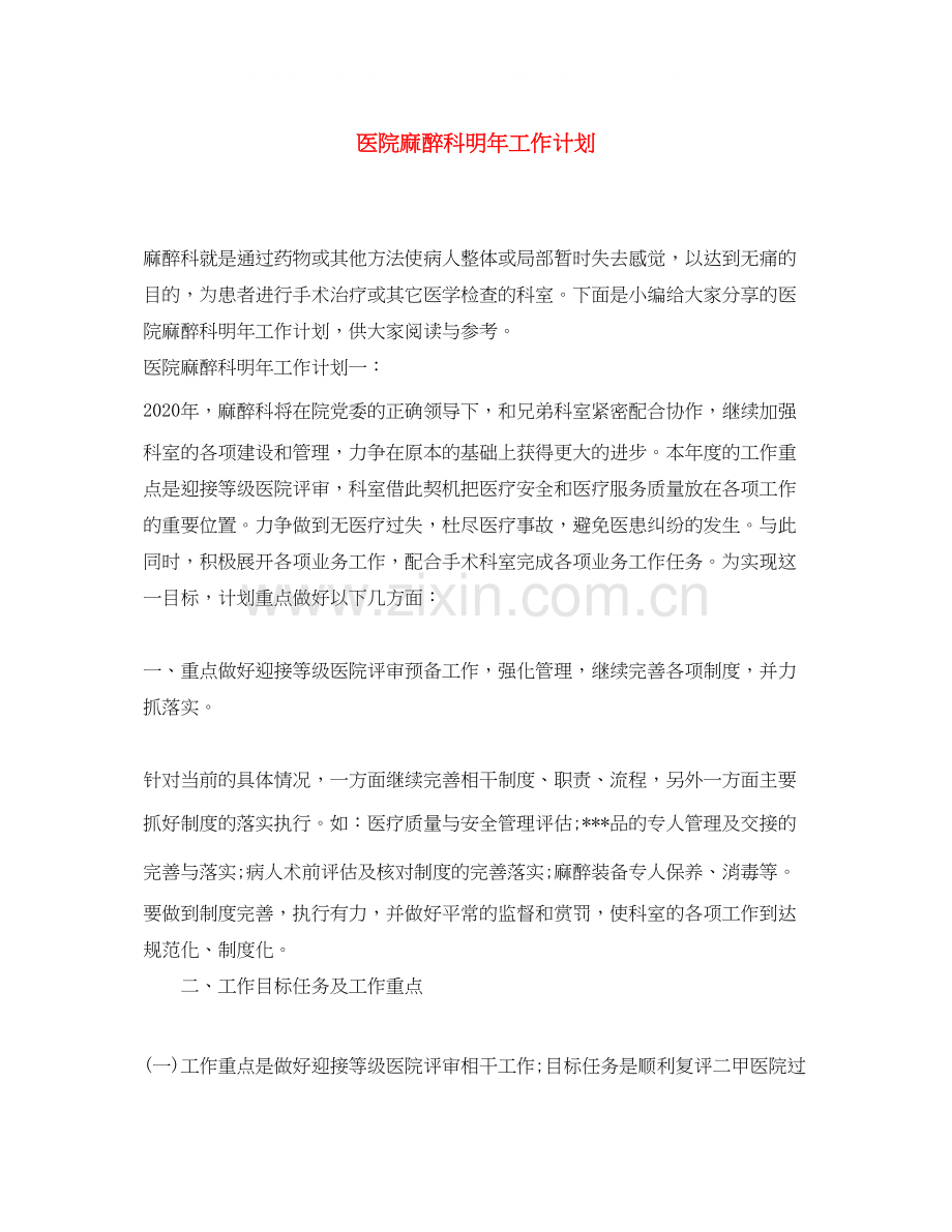 医院麻醉科明年工作计划.docx_第1页